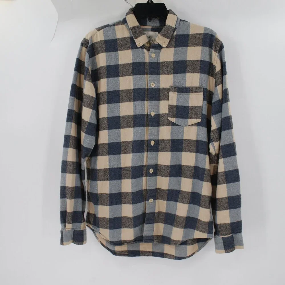 FOLK flannel shirt men's 2 long sleeve button down plaid cotton one pocket